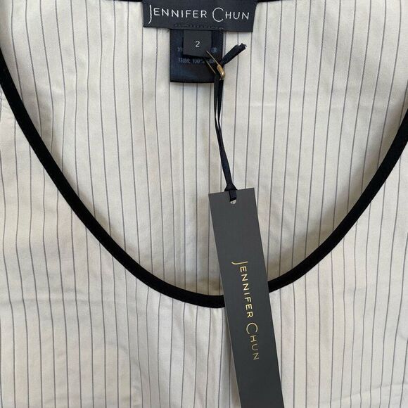 Jennifer Chun Pinstriped Gray White Contrast Sleeveless Shift Dress NWT Size 2 - Picture 3 of 6